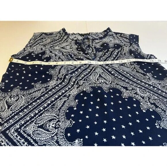 Cupio Navy Bandana Paisley Star Print Tie Neck Cap Sleeve Top Size Small - Picture 4 of 9